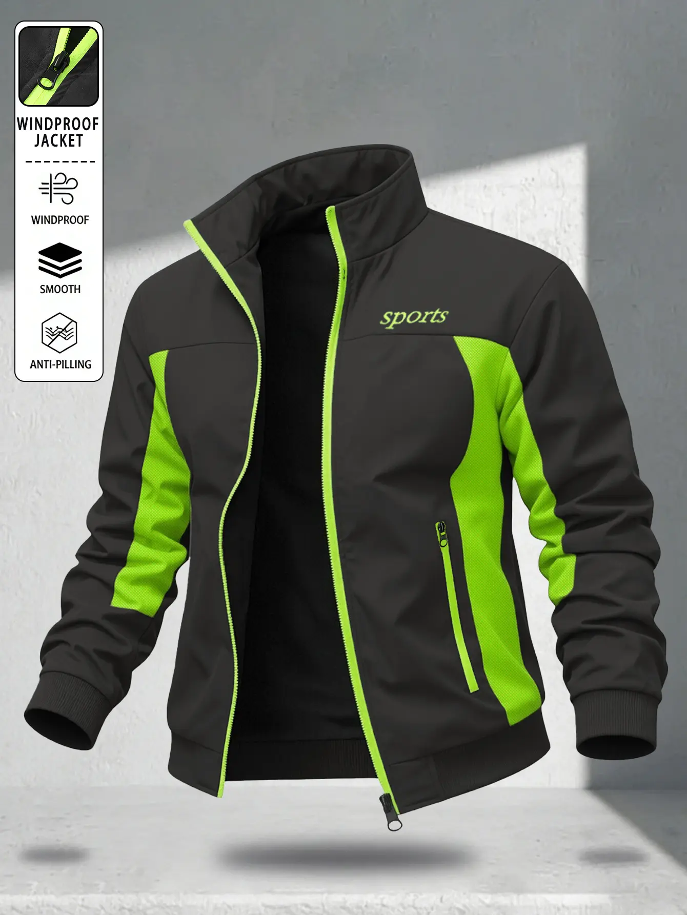 Men’s color-block windproof fleece sports jacket, stand collar, full zip, outdoor casual warm running jacket