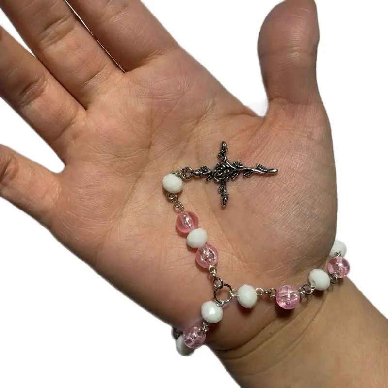 Customizable Bead Rosary - Pink and White Beads with a Cross Charm - Detailed View Provided - Jewelry Accessory