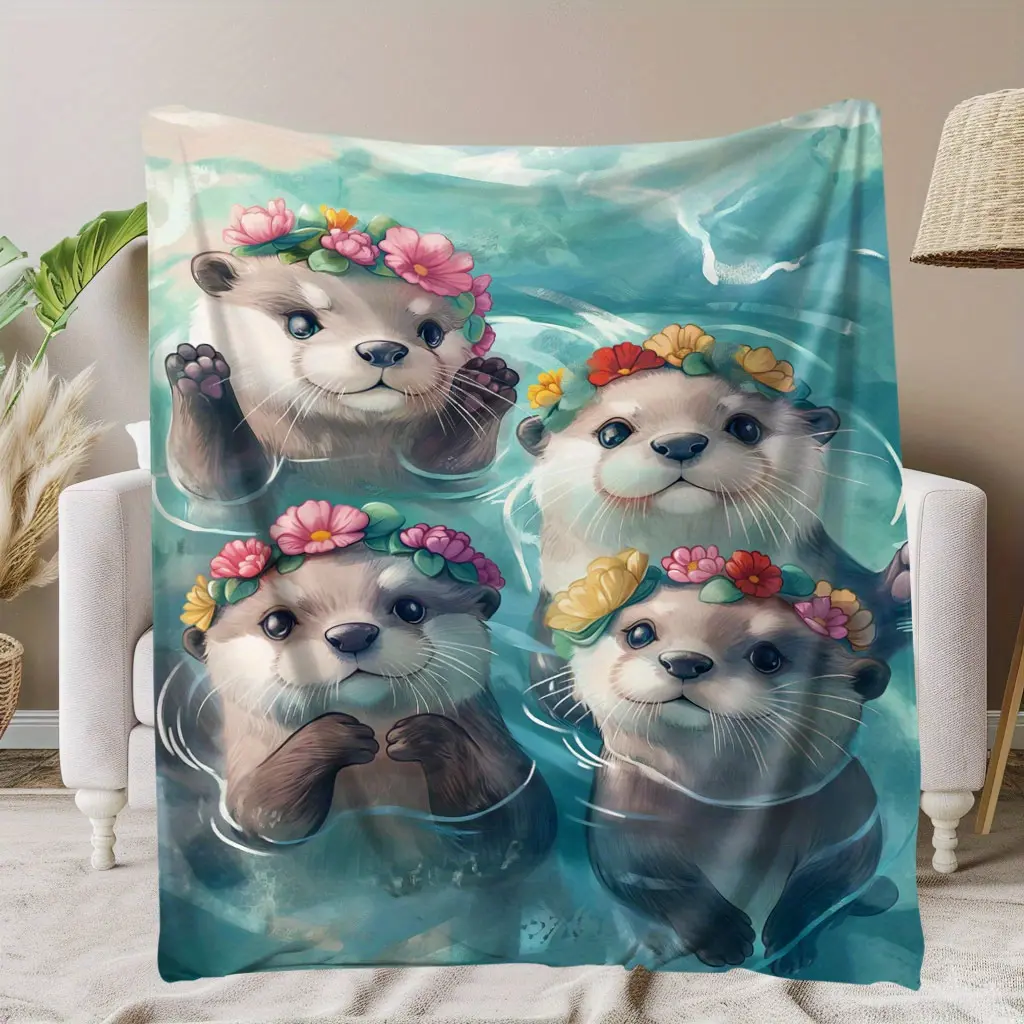[300GSM]Cozy Sea Otter & Garland Print Flannel Blanket - Perfect For Naps, Camping, Travel & Home Decor |     Soft, Warm & Versatile Gift Idea