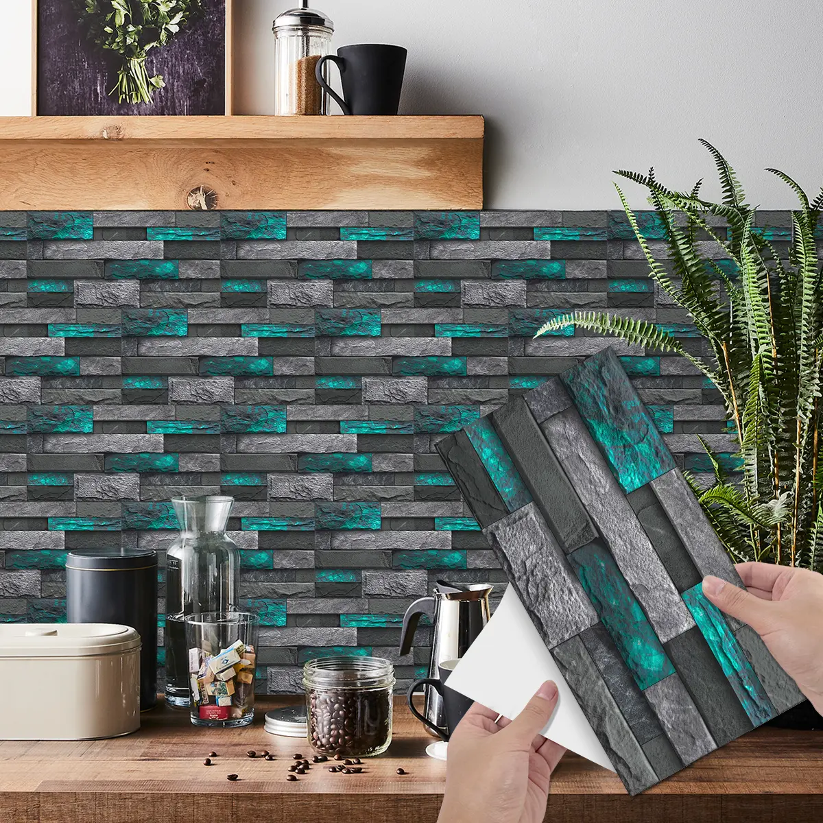 12 Pcs Modern Green Peel And Stick Wallpaper Removable Self-Adhesive PVC For Home Decoration (5.91x11.81 Inch) Easy Installation No Tools Needed, Bathroom Decor, Kitchen Backsplash,Contemporary Design