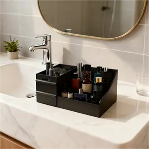 Black Plastic Modern Cologne Storage Box - 7 Compartments, 2 Extra-Deep Drawers for Perfumes, Shaving Tools, Skincare Products, Makeup; Water-Proof, Easy-to-Clean Desktop Storage Organizer for Bathroom, Bedroom