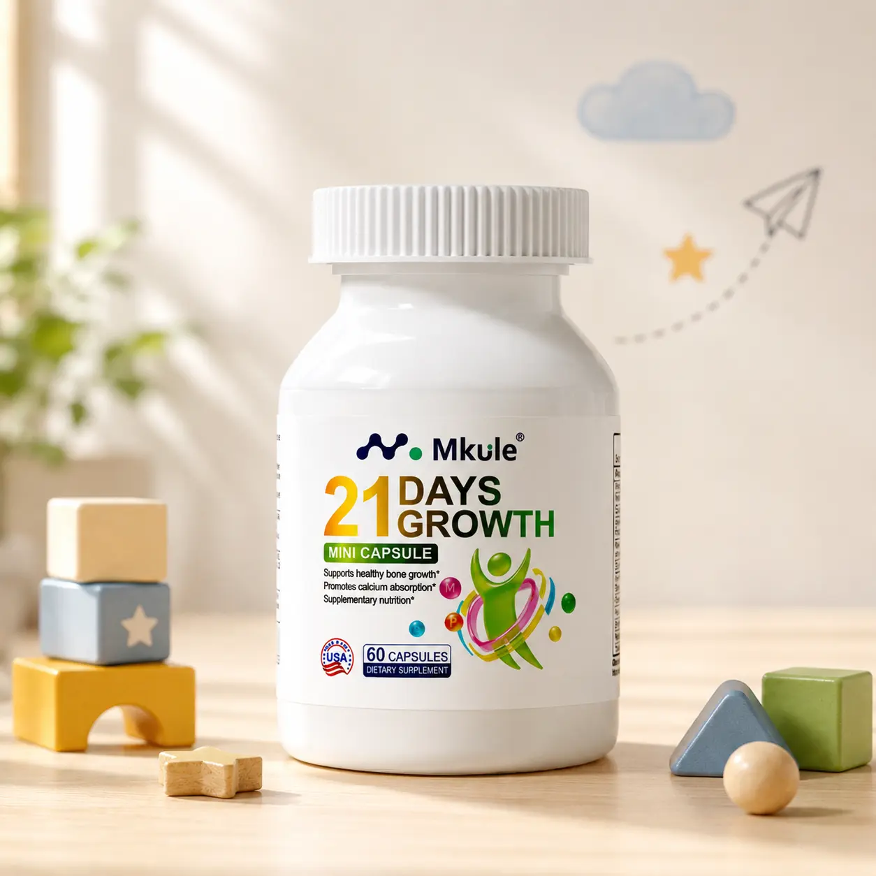 Mkule 21 DAYS Growth Height Growth Supplement - Height Growth Maximizer for Kids & Teens With Calcium,Vitamin D3,K2 & Multivitamins Third-Party Tested,ALL- NATURAL,60 Capsules