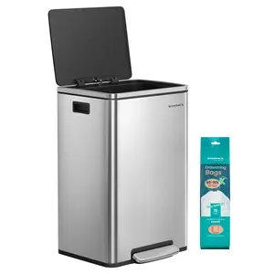 SONGMICS Trash Can, 13-Gallon Gabbage Can, with 15 Trash Bags, Stainless Steel, with Soft-Close Lid, Removable Inner Bucket, Handles
