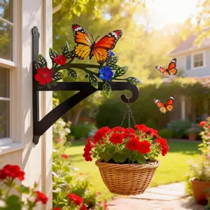 Elegant Iron Butterfly and Flower Design Wall Hook, Garden Decor, Metal Plant Stand, Hanging Basket Holder, Indoor Outdoor Use