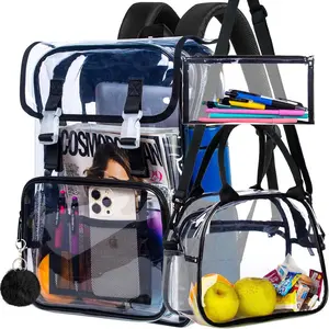 17" Flip Top Clear Backpack, 3 count Stadium Approved Set, Heavy Duty Transparent Bookbag for Gym/Concert (Black)