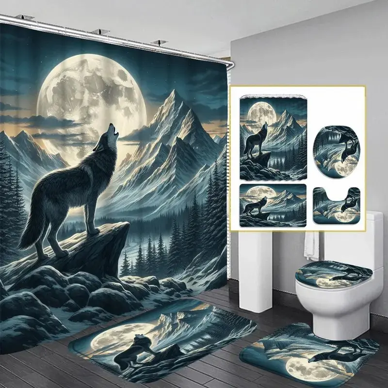 1/4pc Wolf Pattern Bathroom Decor Set, Shower curtain sets, including shower curtain, toilet seat cover, bathroom mat, and U-shaped mat. Perfect for bathroom decoration, Bathroom Decoration Accessories. Comes with 12 shower curtain hooks