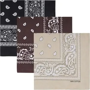 Raylarnia  Cotton Large Bandanas for Men and Women 21 Inch Hip-hop Paisley Bandana 3pcs Black Khaki Brown Multi-functional Handkerchiefs