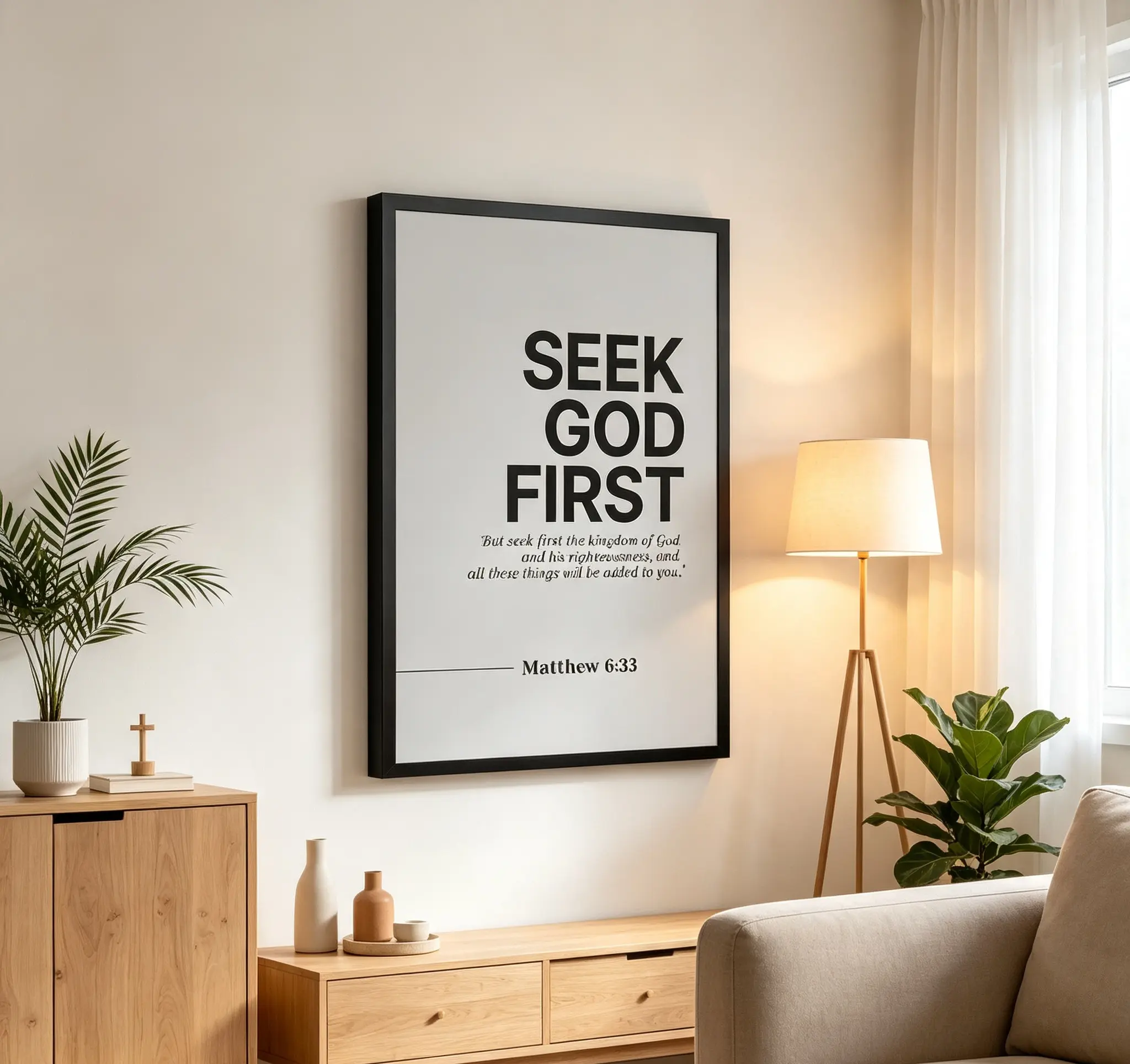 Matthew 6:33 Seek God First Scripture Quote Bible Verse Canvas Print, Minimalist Christianity Wall Art, Room Decor for Bedroom/Office, Inspirational Faith Gift for Believers