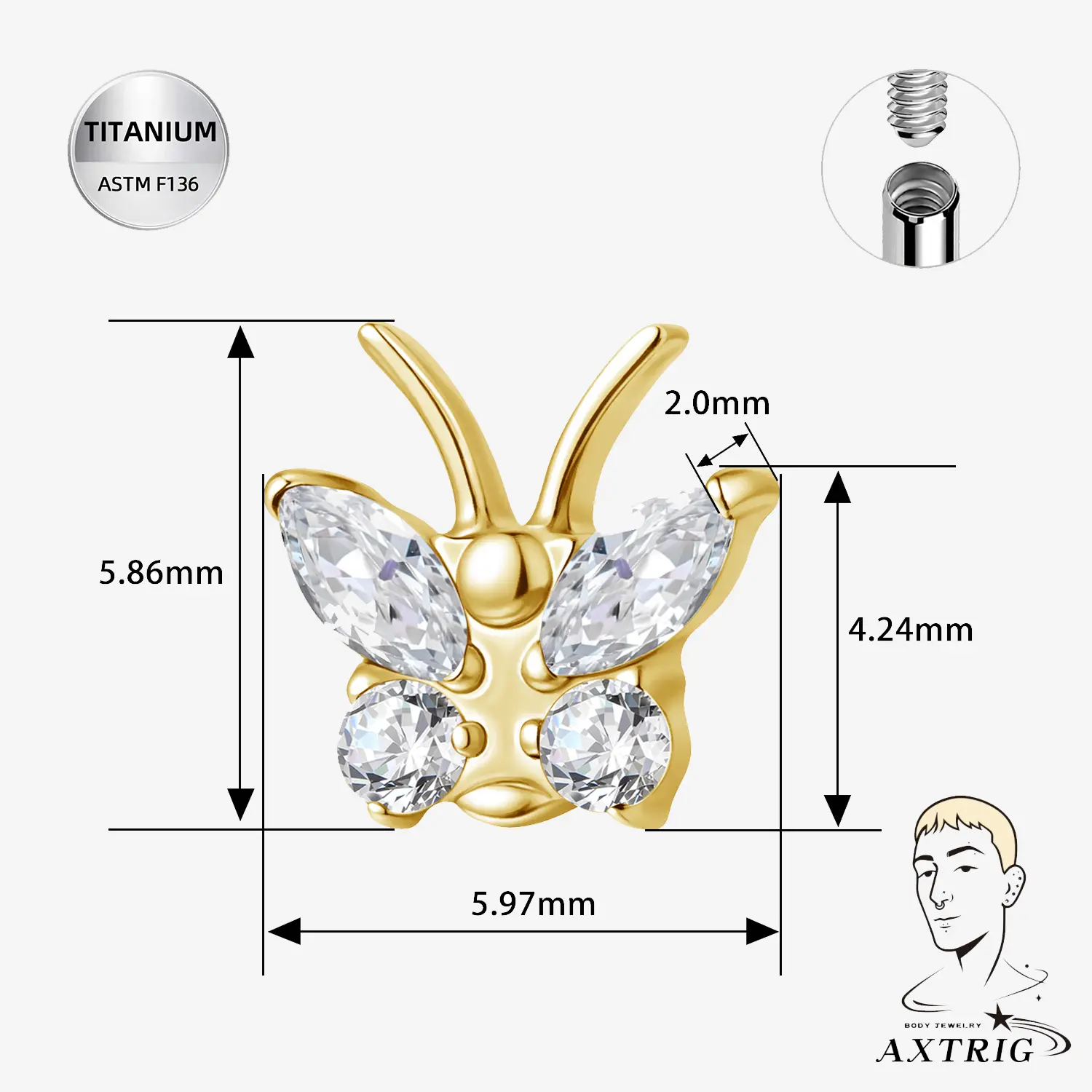 14G ASTM F136 Titanium Butterfly Dermal Top - Nickel-Free Dermal Jewelry with Smooth Contours for Everyday Facial and Body Piercings, Facial And Body Dermal Piercings
