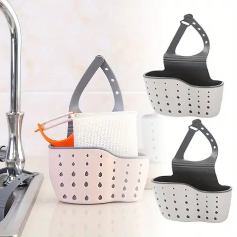 2PCS Adjustable Snap-On Sink Caddy Basket Traditional Double Hanging Soap Sponge Holder With Drain Holes Wall Mounted Kitchen Storage Organizer For Kitchen Bathroom Net Hangable