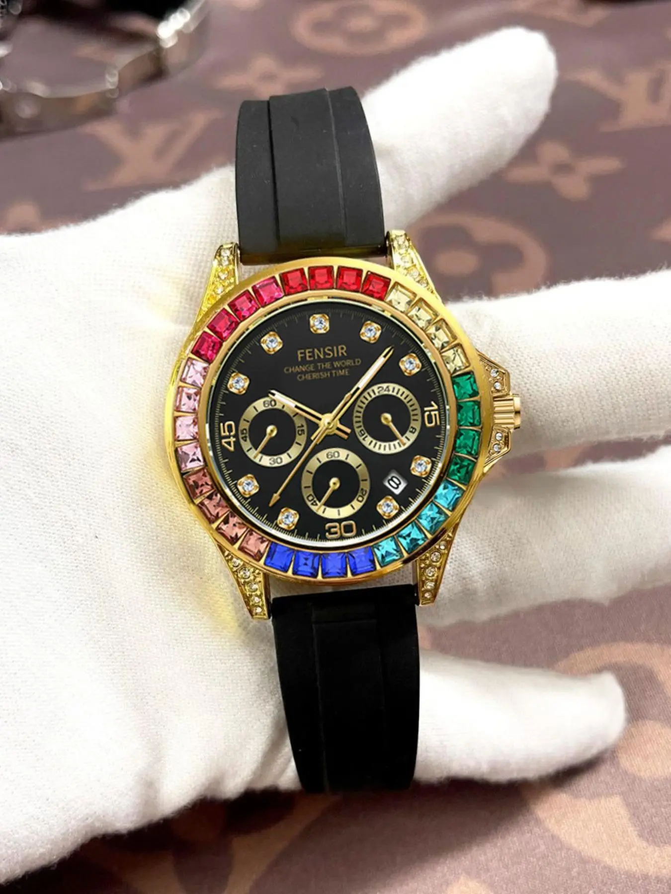 Rainbow Diamond Men's Watch, Soft Comfort Rubber Strap, Luxury Fashion Casual Quartz Analog Wristwatch, Fashion Wristwatches, Calendar Display, Exquisite Watch, Best Gift for Him