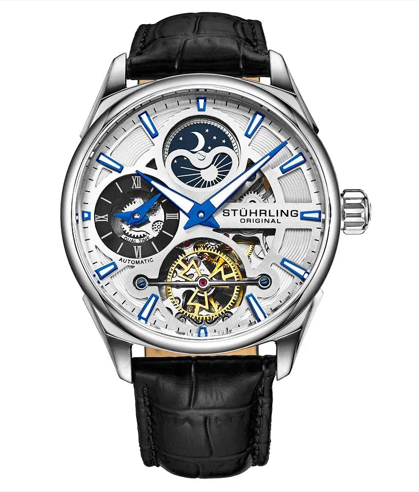 Stührling Special Reserve 3918 43mm Automatic Movement Skeleton Watch, Stylish Classic Fashion Men's Designer-Style Full Automatic Mechanical Watch, Stylish Watch
