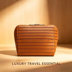 Foldable makeup bag, waterproof leather travel storage pouch, toiletry bag, large-capacity travel organizer, multi-compartment makeup bag, durable material, striped design, suitable for home and travel, upright stand, medium-size parallel makeup bag, make