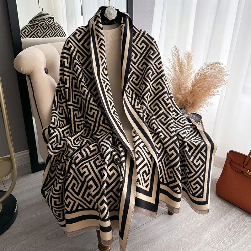 Luxury Greek Geometric Print Cashmere-Like Scarf - Oversized Reversible Shawl Wrap for Women, Soft Warm Blanket Scarf for Fall Winter