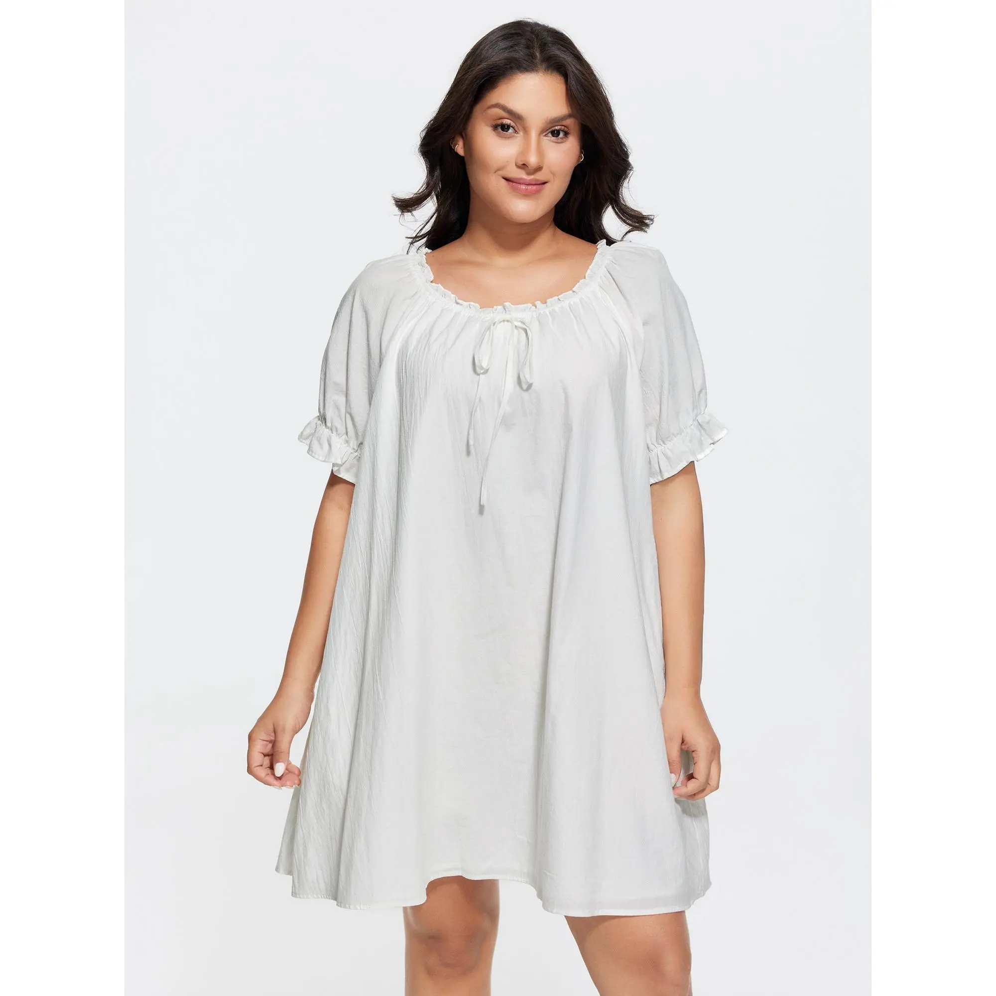 BloomChic Plus Size Casual Night Dress, 100% Cotton Women's Loungewear with Lantern Sleeves, Ruffles and a Lace-Up Neckline, Nightwear, Fabric, Pocket, Shortsleeve, Night Gown, Smooth, Garment, Basic, Plain, Cotton Shell, Knee Length