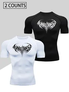 2PCS Men's Gothic Print Long Sleeve T-Shirt Set, Casual Breathable Compression Running Top, Medium Stretch, Outdoor Activities, Fall & Winter, Athleisure Breathable Clothes