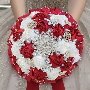 Elegant Pearl & Rhinestone Bridal Bouquet, Dark Red Satin Rose Bridal Bouquet, Fabric Everlasting Flower Bridesmaid Bouquet, Rose Wedding Church Flower Bouquet
