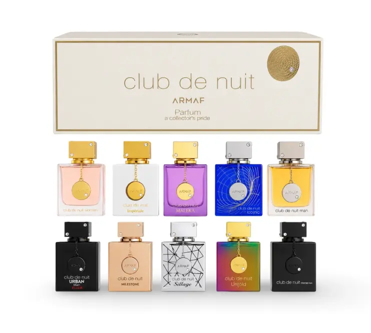 ARMAF Club de Nuit Parfum Mini Set with Maleka Eau de Parfum Unisex 10 × 5 ml | Ten signature Club de Nuit scents in one box — from smoky‑fruity Intense Man to regal floral Maleka
