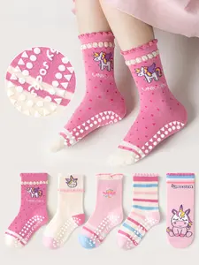 Kids Rainbow Unicorn Pattern Non-Slip Glue Dots Floor Socks Tailored Fit Socks 5 Pair Set for Baby Boys and Girls, Soft Bottom Mid-Calf Socks for Indoor Use