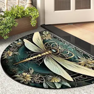 Retro Dragonfly Print Semicircular Microfiber Cloth Floor Mat - Non-slip, Washable Home Mat for Entry Door, Bathroom