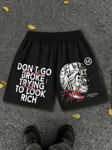 "Don't Go Broke Trying to Look Rich" Graphic Shorts, Workout Shorts, Athleisure Shorts - Men's High Street Fashion Summer Wear, Hip-Hop Aesthetic with Money Graphic Appeal for Gym & Daily Outfits.