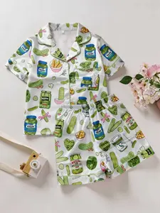 Girls' 2-Piece Pajama Set, Fun Cucumber Can Print, Summer Sleepwear Set, Button Front Short Sleeve Top + Elastic Shorts, All Season Comfortable Satin Fabric, Sleepwear Pajamas Set