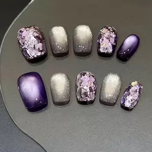 Obsessed With This Edgy Vibe! Custom Purple Grey Color Block Cat Eye Press On Fake Nails, Exquisite Hand-Painted Ice Shard Glitter & Silver Sand Design, TikTok Viral Blogger Favorite