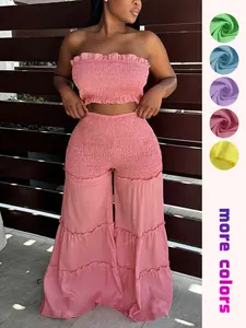 Women's Feminine 2-Piece Casual Set - Short Off-Shoulder Strapless Smocked Tiered Ruffle Top, Lightweight Breathable Fabric Elastic High-Waist Sleeveless Pants, Ideal for Summer Vacations, Beach Trips