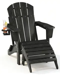 Folding Adirondack Chair, All-Weather HDPE Outdoor Chair, Wooden Textured with Cup Holder for patios, Decks, Gardens, fire pits