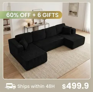 Elseady 132" Large Sectional Sofa, Plush Corduroy U-Shaped Modular Cloud Couch with Double Chaise, 4-Seater Boneless Sofa Set, No Assembly Required, 1200 lbs Capacity - 132"W x 61"D x 25.6"H