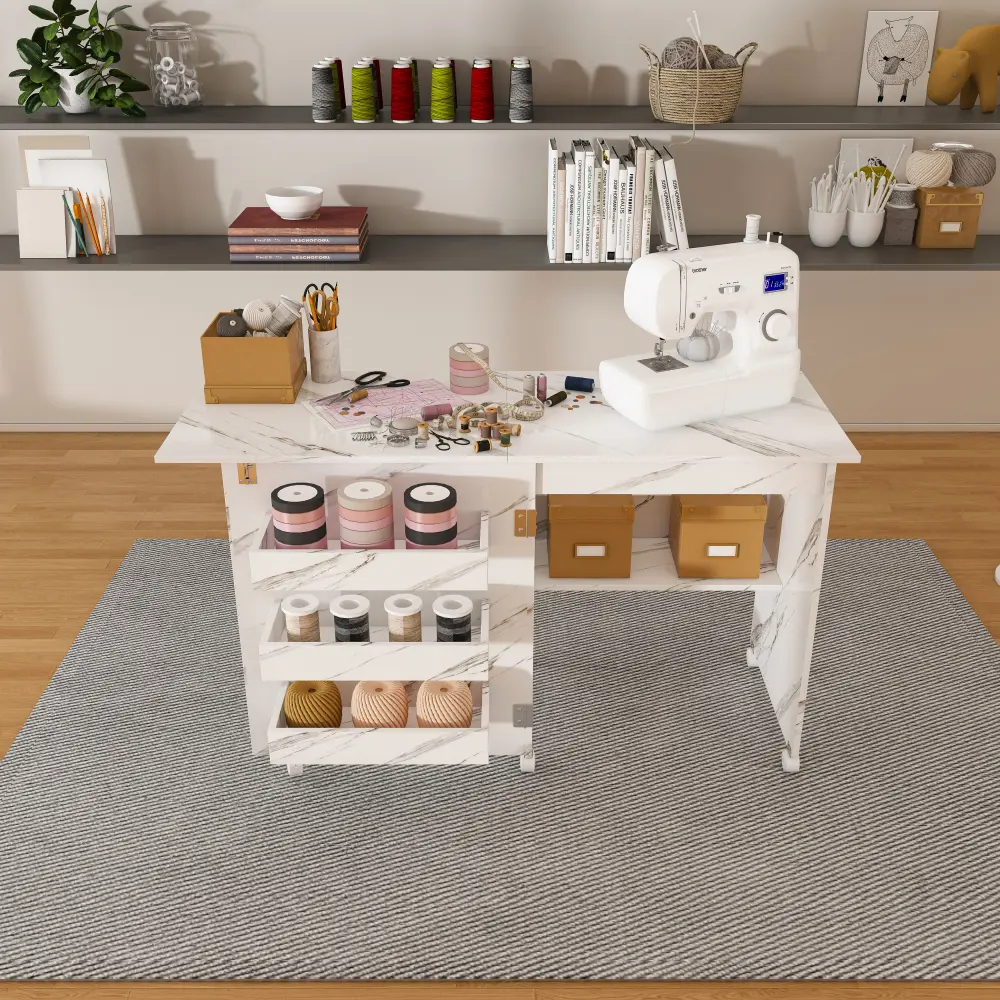 4-in-1 Foldable Compact Craft Station Table - Lockable Dual-Wheel System, Durable Multi-Functional Unit with Rolling Wheels, Kitchen Storage Shelves, Ideal for Bedroom Sewing, Living Room, Apartments
