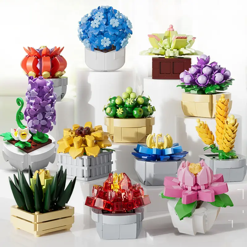 Succulent Series Flower Building Blocks Set - Rose, Blue Hydrangea, Hyacinth, Fabric Craft Kits with Over 100+ Accessories, 3+ Kid Friendly for Parent-Kid Crafting, Flower Making, Desk/Office Decor Gift