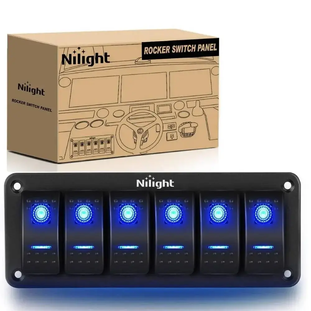 Nilight 6-Gang 5-Pin Blue ON/OFF Rocker LED Light Switches with Aluminum Housing, Prewired Nightglow DIY Controller for Home Improvement Electrical Equipment, Motorcycles, Trailers, Cans, Boats
