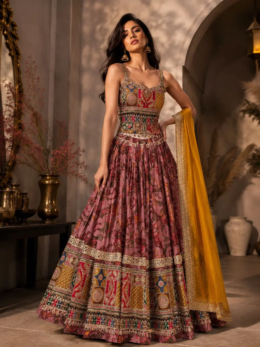 Mauve Printed Bombay Cotton Silk Lehenga Set - Coin Border with Mustard Vintage Dupatta