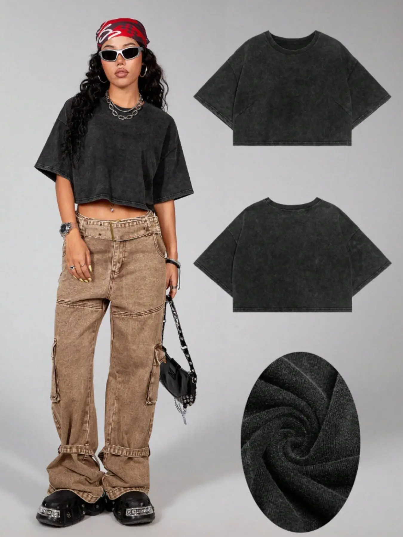 Vintage Acid Wash Knit Short Sleeve Crop Solid T-Shirt, American Streetwear Style, Casual, Loose Fit Slimming Belly Button Design, Perfect for Daily Wear/festivals
