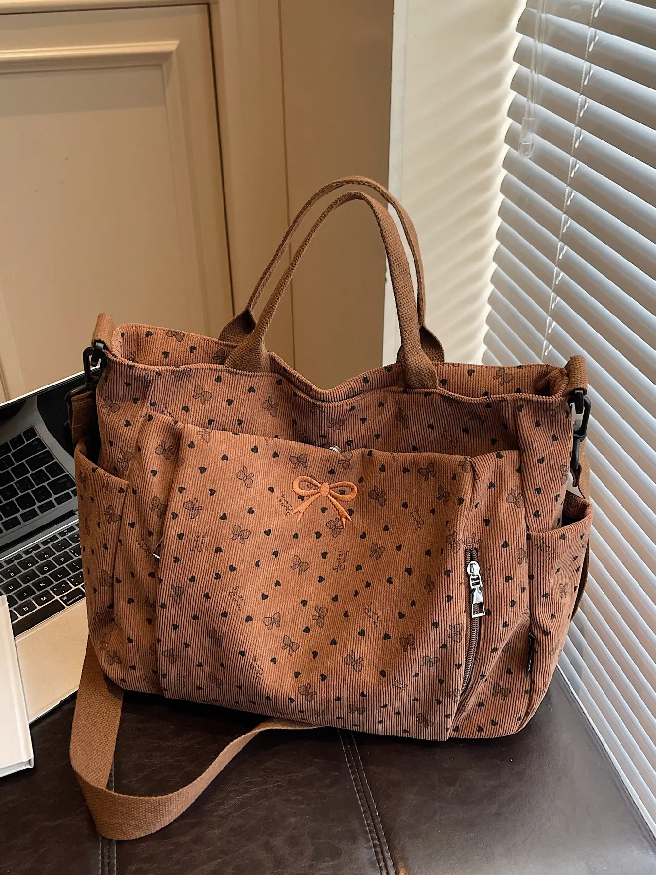 Korean-Style Ballet-Inspired Floral, Fashionable Tote Bag for Girls Corduroy Soft Multi-Pocket Handbag Spacious Design for Shoulder or Crossbody Wear Commuter Bag for Students and Travel Fashionable Bags