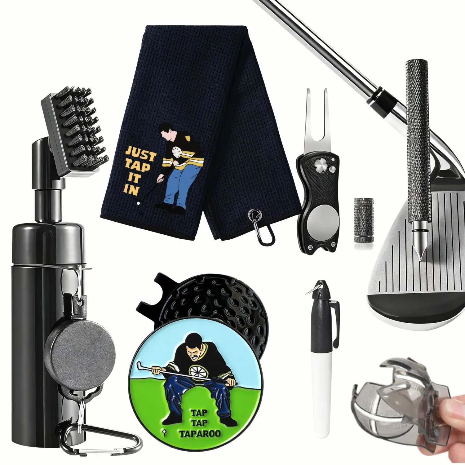 Golf Club Cleaning Kit, Includes Cleaner, Golf Towel, Divot Repair Tool, Groove Sharpener and Ball Alignment Tool, Complete Golf Accessories Set for Women and Men, Great Christmas Gift for Happy Gilmore Golf Lovers