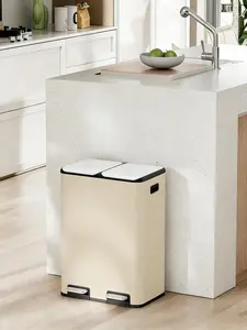 【fathersdaygift】Arlopu 16 Gallon (60L) Stainless Steel Trash Can, 2x8 Gallon (2x30 L) Double Garbage Can with Soft-Close Lid, Removable Inner Buckets, Foot Pedal, Side Handle for Kitchen home office