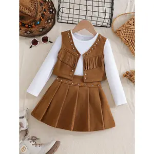 3pcs Girls' Western Cowboy Style Set |         Long Sleeve Crew Neck T-Shirt with Tassel Studded Vest and Pleated Skirt |         Ideal for Casual Vacations, Parties, and Everyday Outings