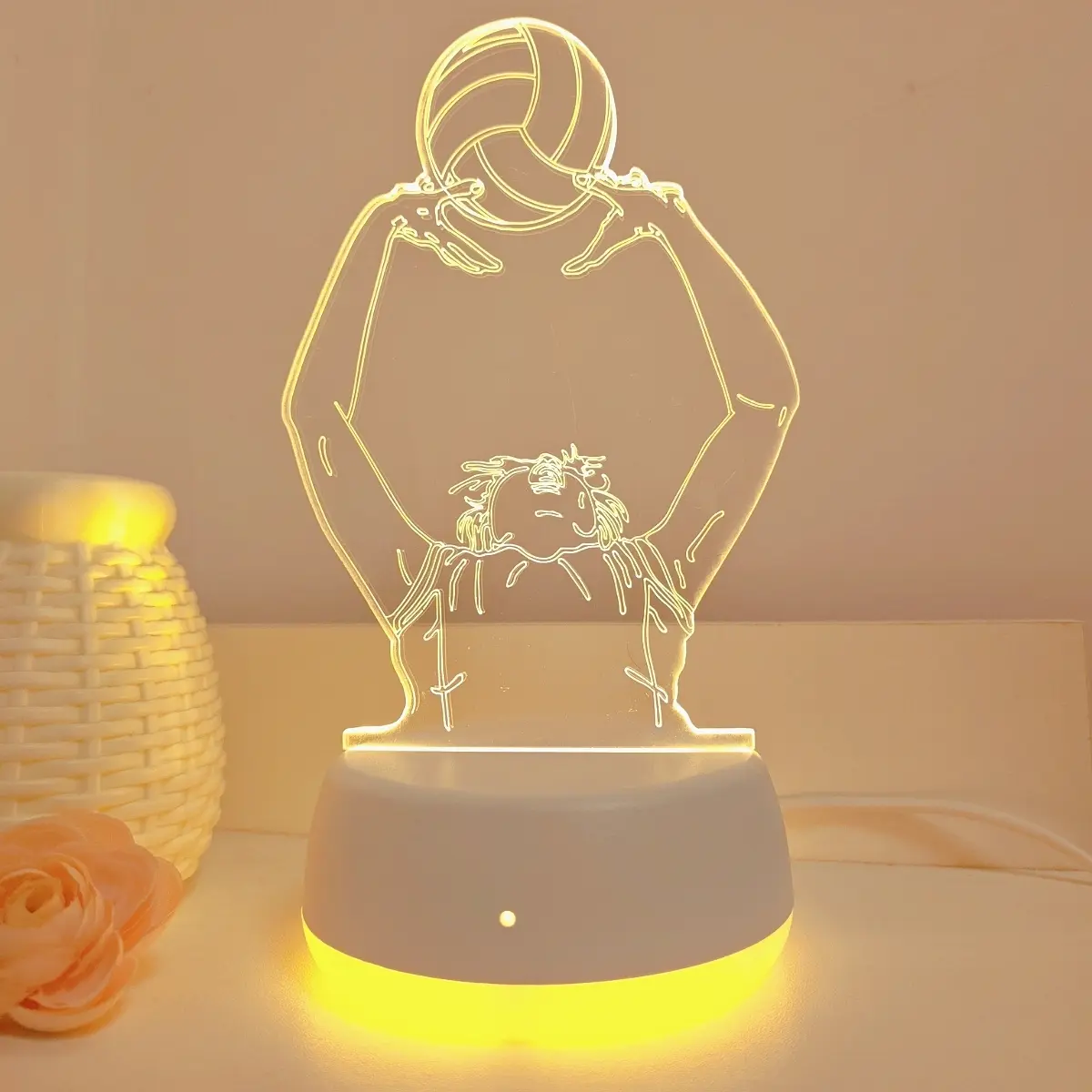 Volleyball Player 3D Night Light, USB Powered Warm LED Desk Lamp, Modern Geometric Table Light for Bedroom & Office Decor