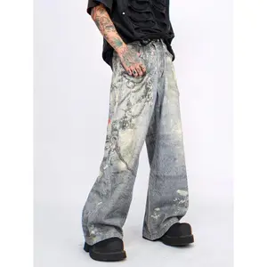 Men's Pop Art Print Pocket Zipper Fly Straight Leg Denim-effect Print Pants, Street Fashion Casual Loose  Pants for Daily Wear, Mens Bottoms for All Seasons