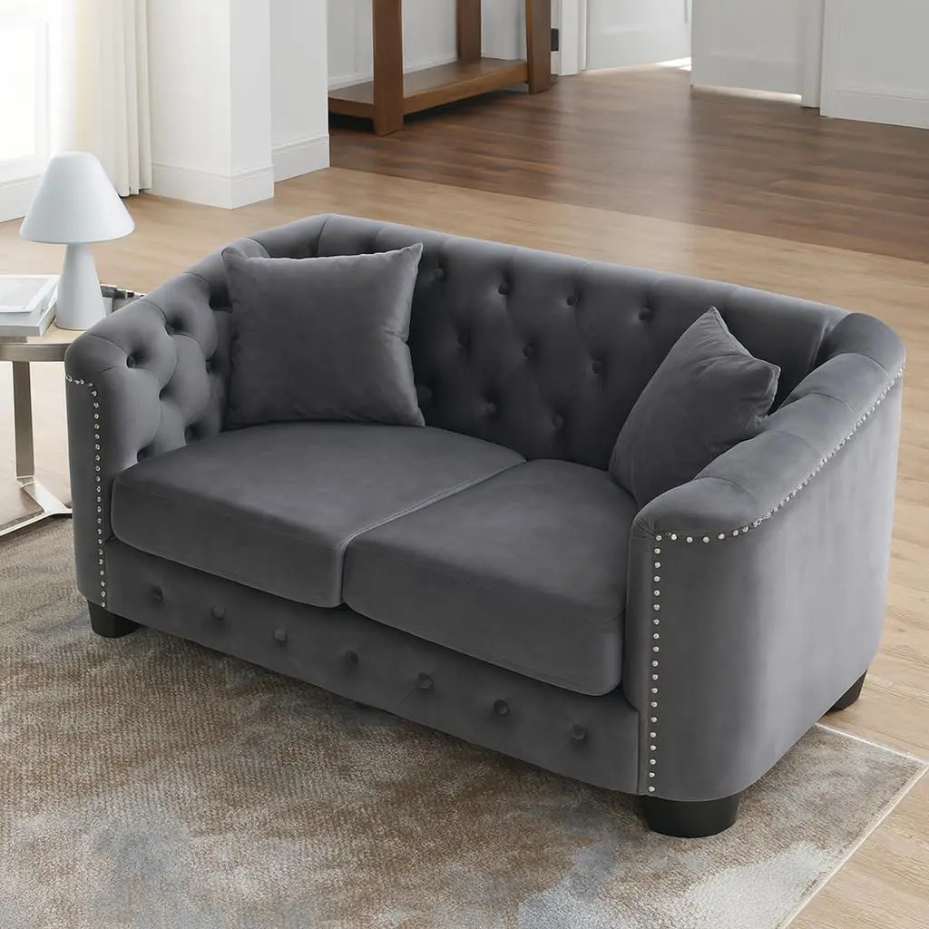 59" Chesterfield Sofa, 2 Seater Retro Velvet Couch with Nailhead Arms, Tufted Backrests, 2 Cushions for Living Room Bedroom Office Apartment, Gray