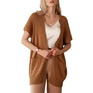 Shewin 2026 Spring Cozy Ribbed Open-Front Cardigan Women's Oversized Short-Sleeve Knit Layering Piece with Pockets for Daily Wear Basic Cotton Blend Shortsleeve