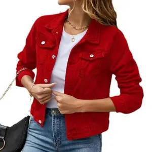 Women's Basic Button Down Stretch Fitted Long Sleeves Denim Jean Jacket