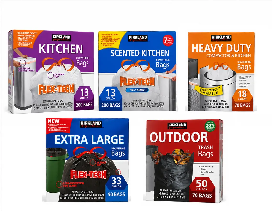Kirkland Signature Flex-Tech Drawstring Trash Bags, Heavy-Duty Durable Fresh Unscented Bulk Packs for Households, Kitchen & Outdoor Use, Multiple Sizes