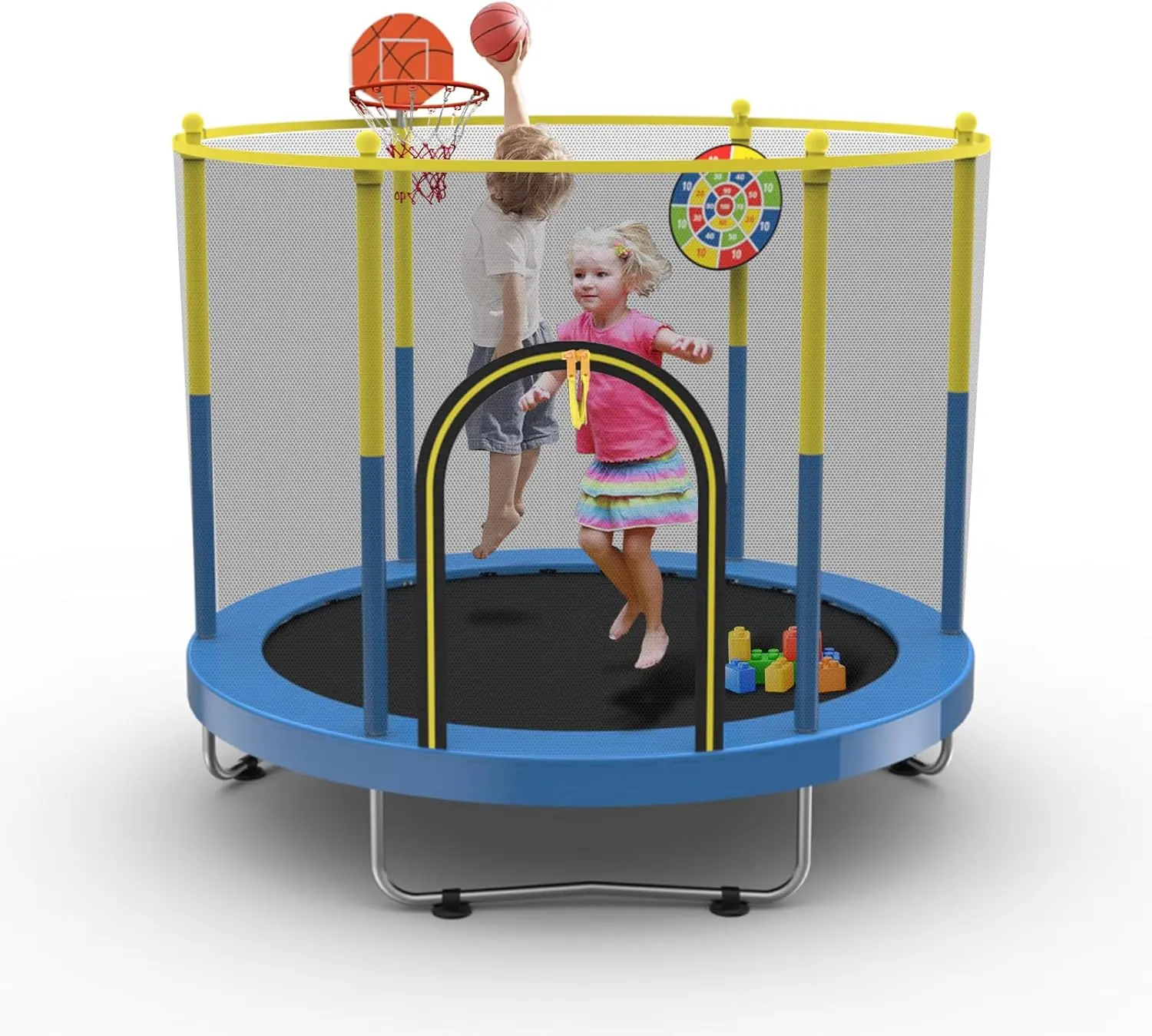 6FT Indoor Trampoline for Kids Ages 1-8,Indoor and Outdoor Children's Trampoline with Safety Enclosure Net, Basketball Hoop & Dartboard Set, Birthday Gifts for Boys & Girls