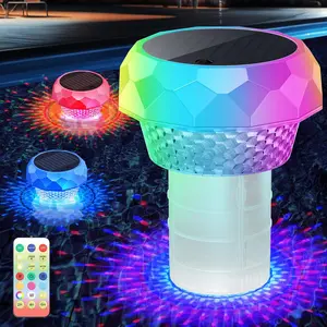 Solar pool chlorine floats with LED lights, anti-sink chlorine dispenser with adjustable release outlet, with remote control, 8 lighting, timing mode, IP68 waterproof, floating pool lights for spa hot tubs, pool parties, baths, fish ponds, ponds, fountain