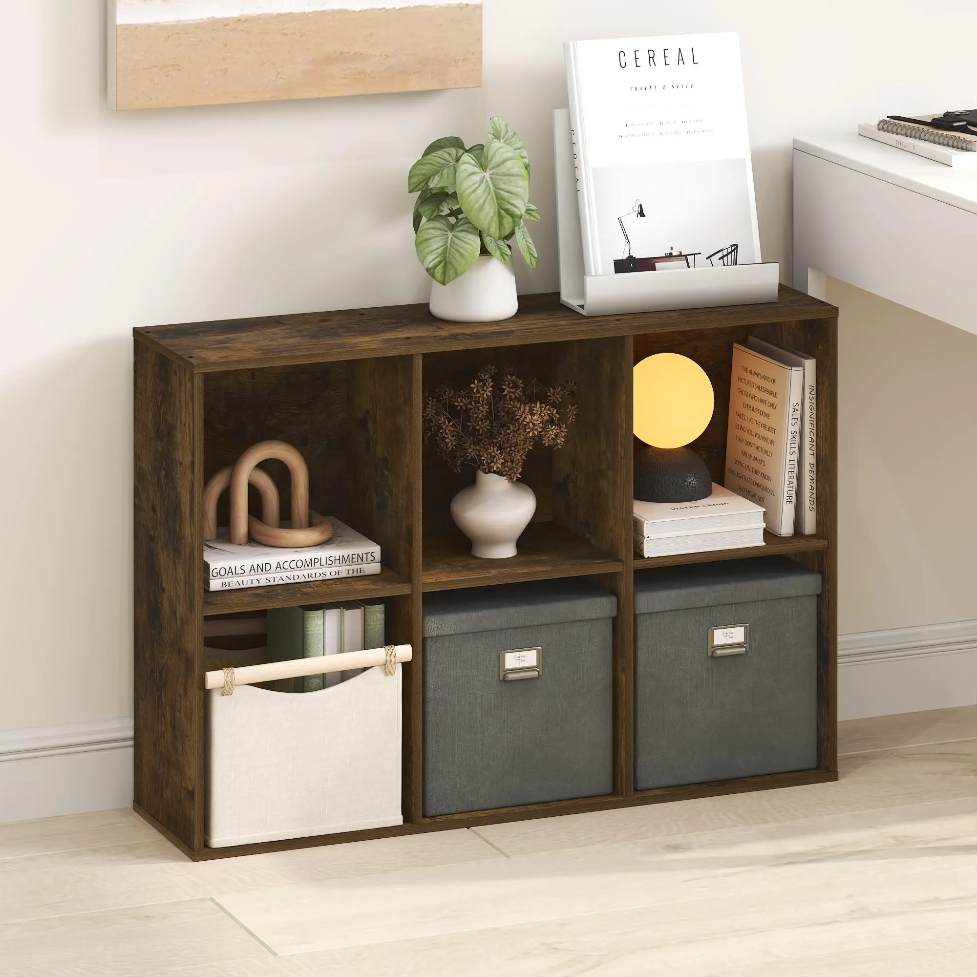 LUDER Rectangular 6-Cube Bookshelf - Open-Shelf Bookcase with Sturdy Base, 9x24.6x35.4", Amber Pine Space-Saver Indoor Furniture for Living Room, Home Office, Open Shelves