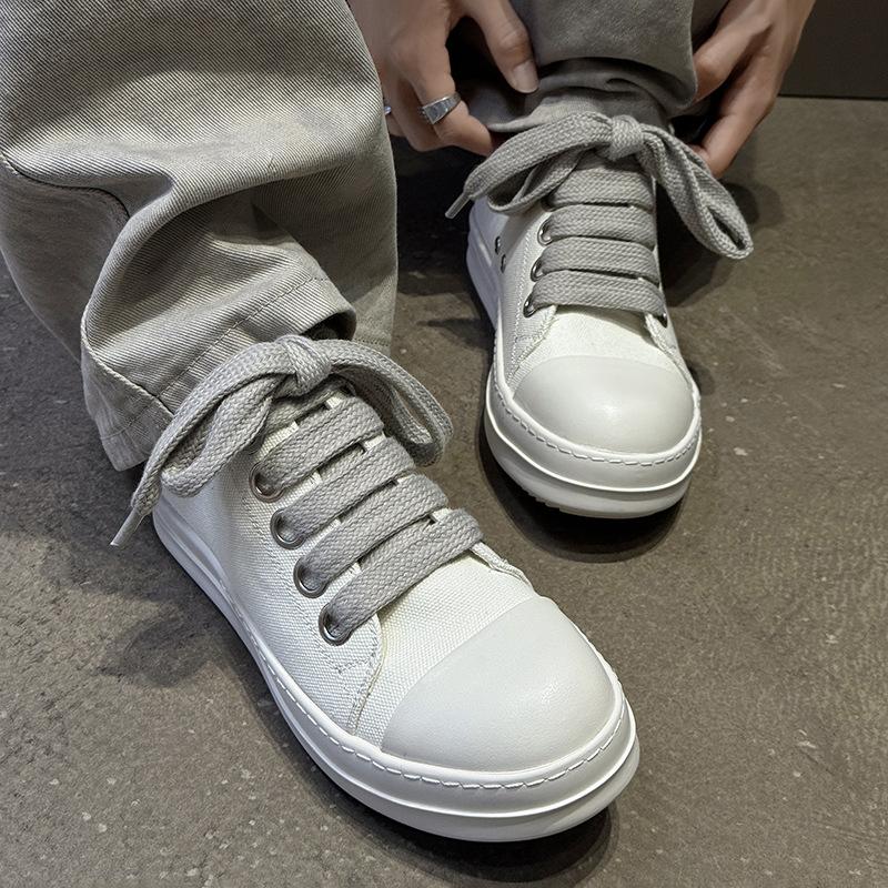 Men's Cleanfit Platform Sneakers Black & White Canvas Wide Laces Slim Leg Street Fashion