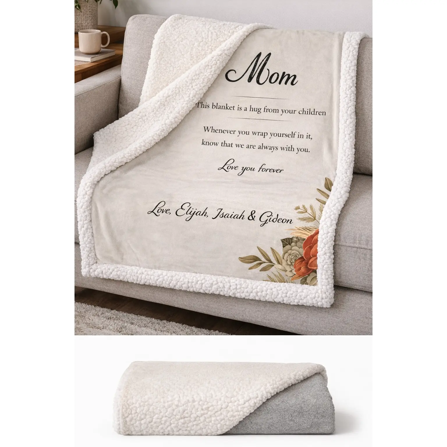 Mom Poem Sherpa Blanket | Personalized Family Names, Floral Memorial Throw
